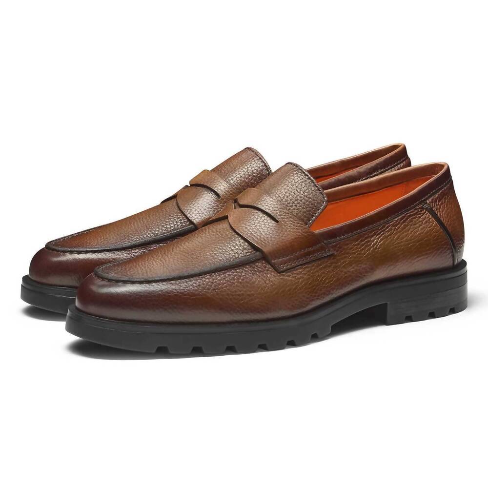 NEW SANTONI men's rock lugsole penny loafer in brown